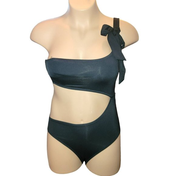 Shade & Shore Black Swimsuit Cheeky One Shoulder One Piece Bikini Medium Jj3400 - Picture 1 of 13